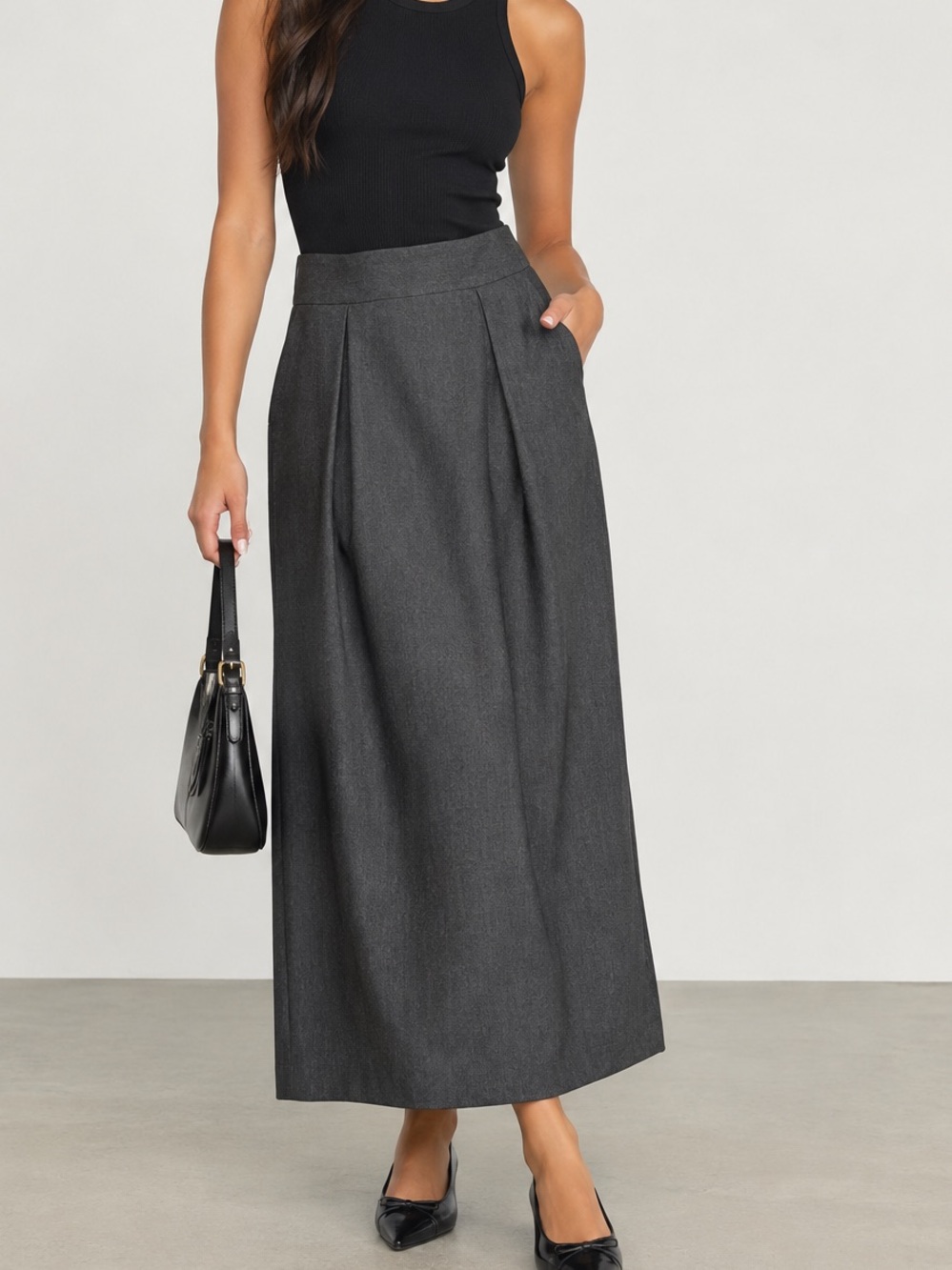 Tahari 100% Wool size 6 Charcoal High-Waist Pleated Maxi Skirt - Women's